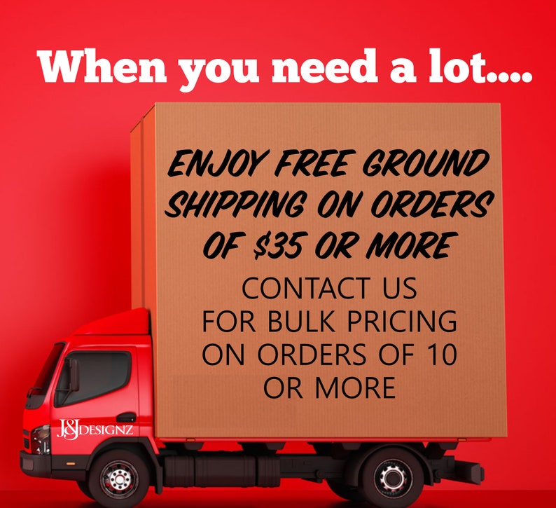 May include: A red delivery truck with a large cardboard box on the back. The box has text that says "ENJOY FREE GROUND SHIPPING ON ORDERS OF $35 OR MORE. CONTACT US FOR BULK PRICING ON ORDERS OF 10 OR MORE."