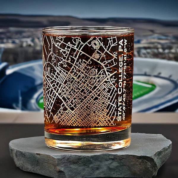 State College PA Etched Map 13.5 oz Whiskey Rocks Glass – Detailed Street Map of Penn State University Campus – Great Graduation or Fan Gift