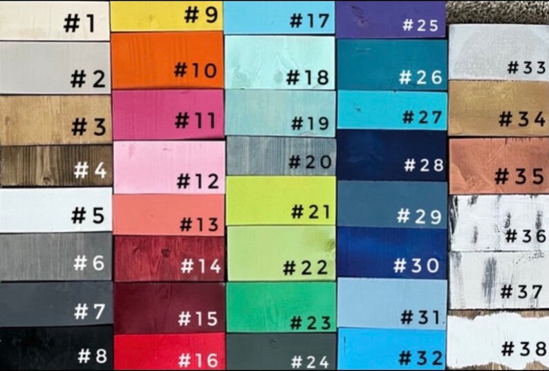 May include: A color chart with 38 different paint colors, numbered 1 through 38. The colors range from light to dark, and include shades of blue, green, red, yellow, pink, and gray.