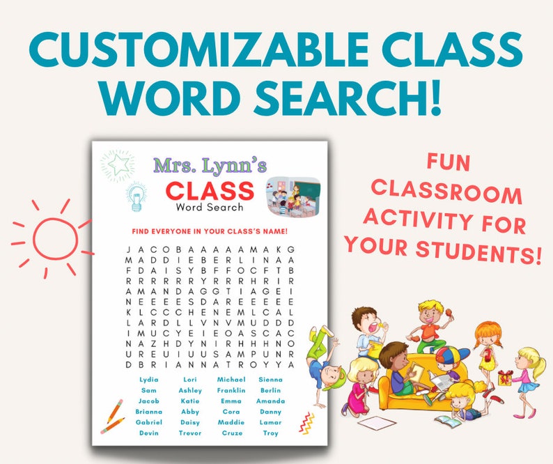 Customizable Class Word Search for Students and Teachers Fun Classroom