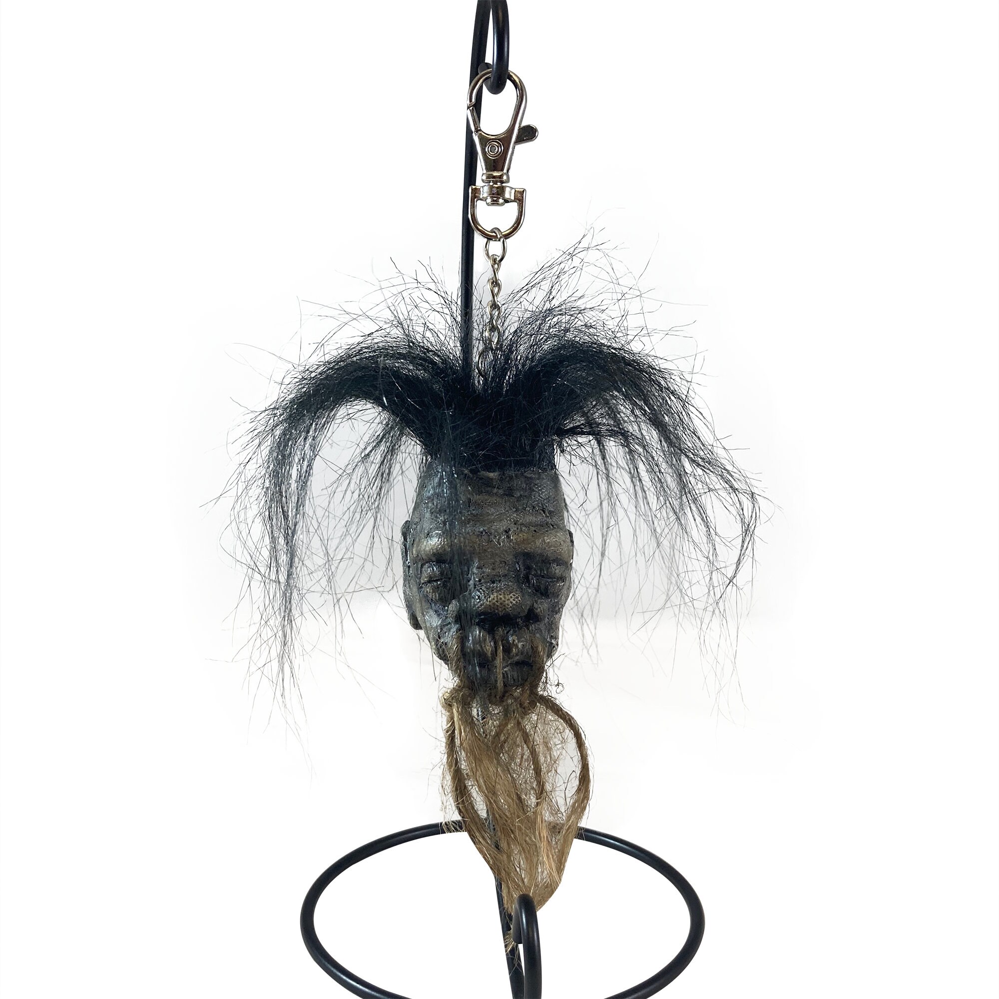 Shrunken Head Replica With Hair And Hanging Stand Dark Voodoo Magic Gaff