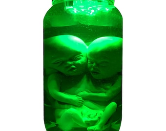Op de afbeelding: Een glazen pot met een groen deksel bevat twee Siamese babyfiguren die ondergedompeld zijn in een groene vloeistof. De pot wordt van binnenuit verlicht met een groen licht.