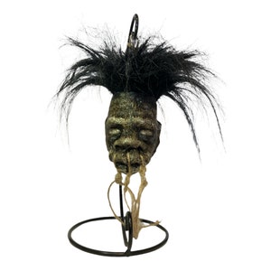 Medium Shrunken Head Replica with Hair and Hanging Stand Dark Voodoo Magic Gaff