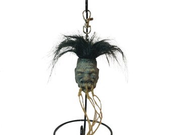 Small Shrunken Head Replica with Hair and Hanging Stand Dark Voodoo Magic Gaff