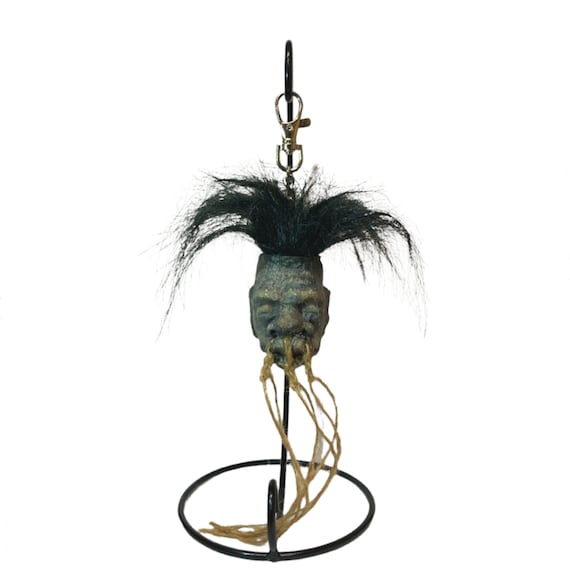 Small Shrunken Head Replica with Hair and Hanging Stand Dark Voodoo Magic Gaff