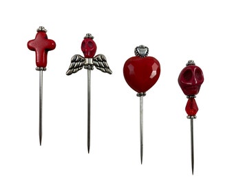 Red Voodoo Pin Set of 4 Skull Heart Cross
