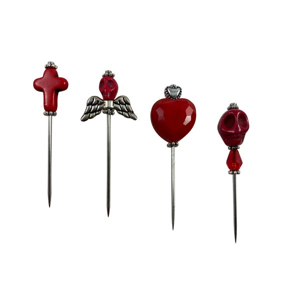 Red Voodoo Pin Set of 4 Skull Heart Cross