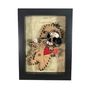 Może przedstawiać: Ramka z voodoo doll z czaszką, czerwonym sercem i szpilkami. Lalka jest wykonana z tkaniny i ma zużyty wygląd. Ramka ma białe tło z tekstem "PLATE 25 Voodoo Doll".