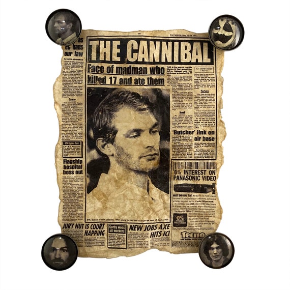 Serial Killer Newspaper Article with 4 Magnets Jeffrey Dahmer Ted Bundy Ed Gein Charles Manson John Wayne Gacy
