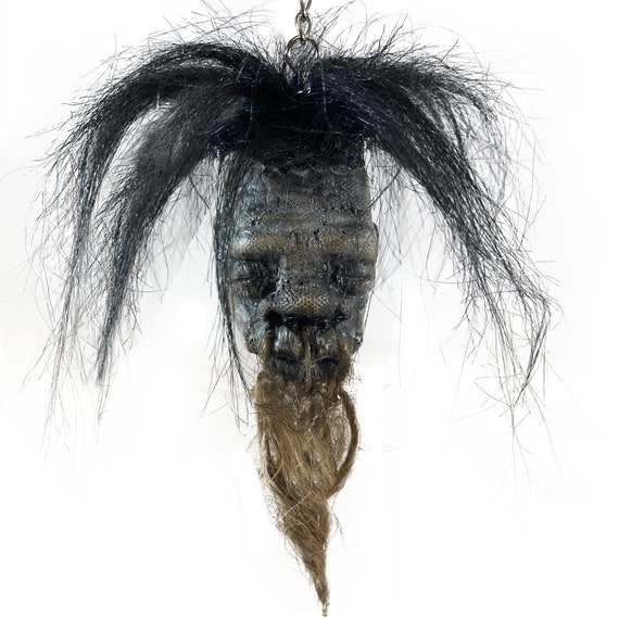 Shrunken Head Replica with Hair and Hanging Stand Dark Voodoo Magic Gaff