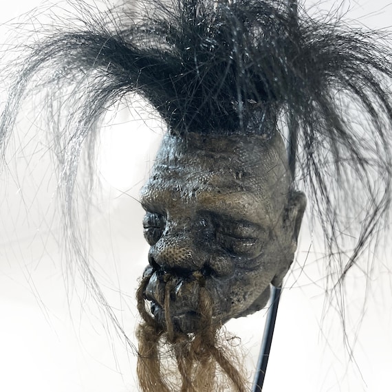 Shrunken Head Replica With Hair and Hanging Stand Dark Voodoo