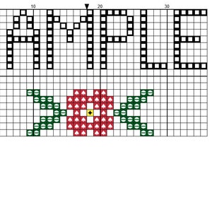 May include: Cross-stitch pattern with the word "SAMPLE" in black block letters above a floral design. The floral design features a red flower with a yellow center and green leaves. A legend indicates the DMC thread colors.