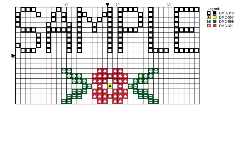 May include: Cross-stitch pattern with the word "SAMPLE" in black block letters above a floral design. The floral design features a red flower with a yellow center and green leaves. A legend indicates the DMC thread colors.