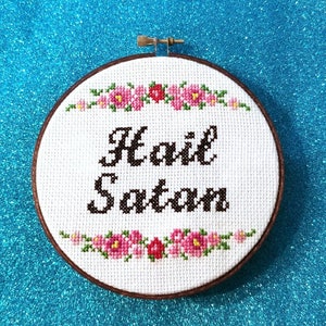 Hail Satan Finished Cross Stitch Hoop