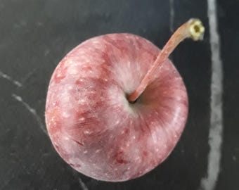 Peut inclure: Une pomme rouge unique avec une courte tige sur une surface en marbre noir et blanc.