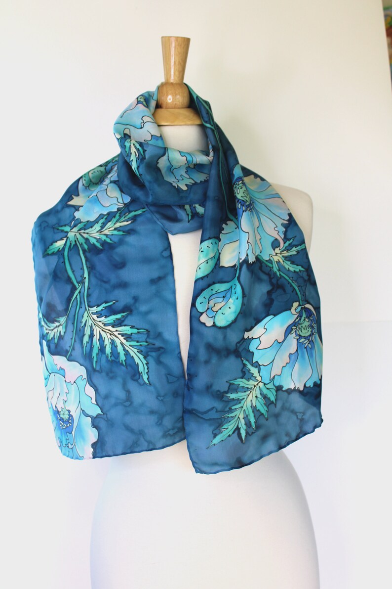 Hand painted silk scarf Blue poppy Gifts for women Etsy