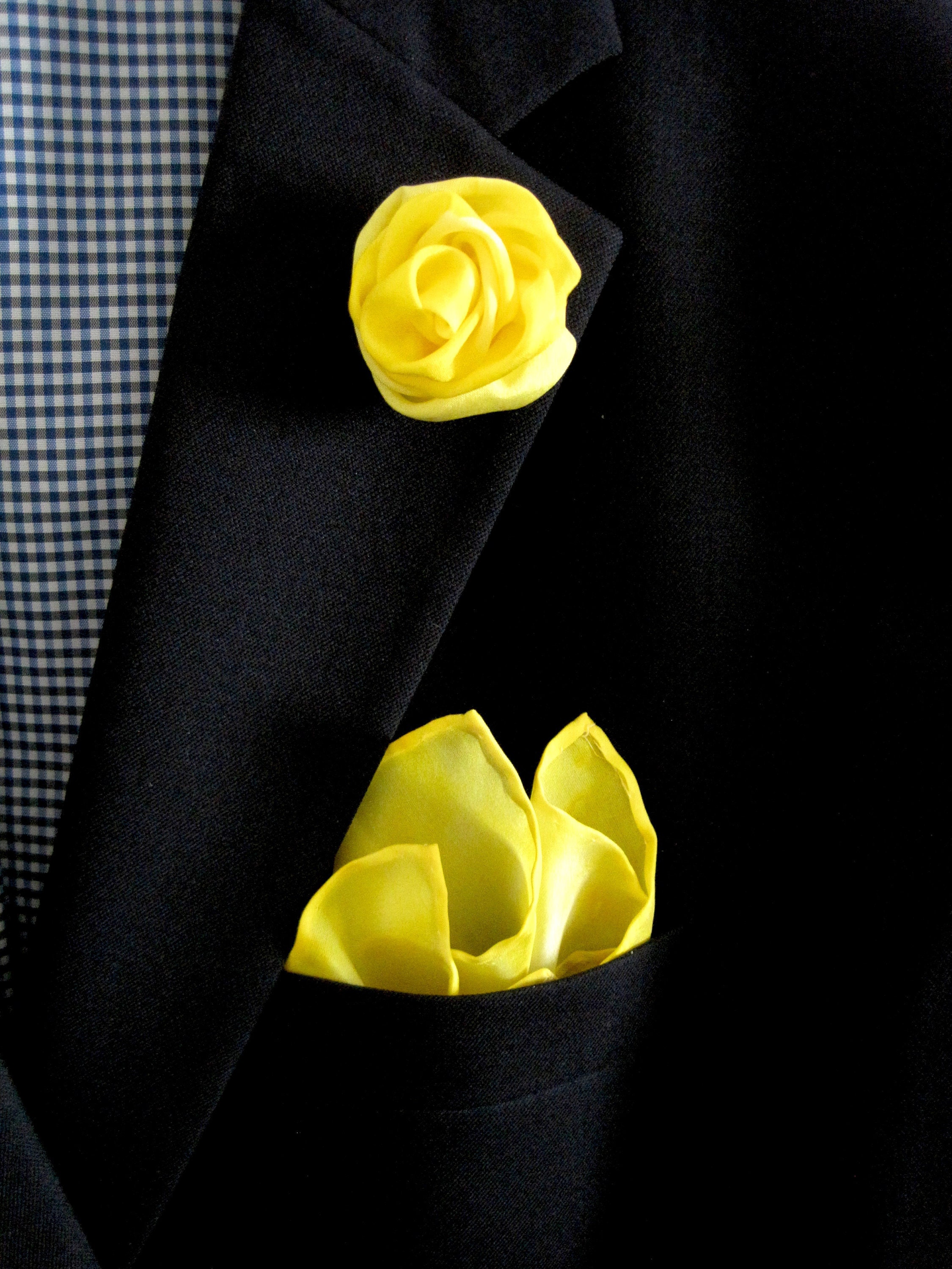 Silk pocket square Lapel flower set Yellow Etsy