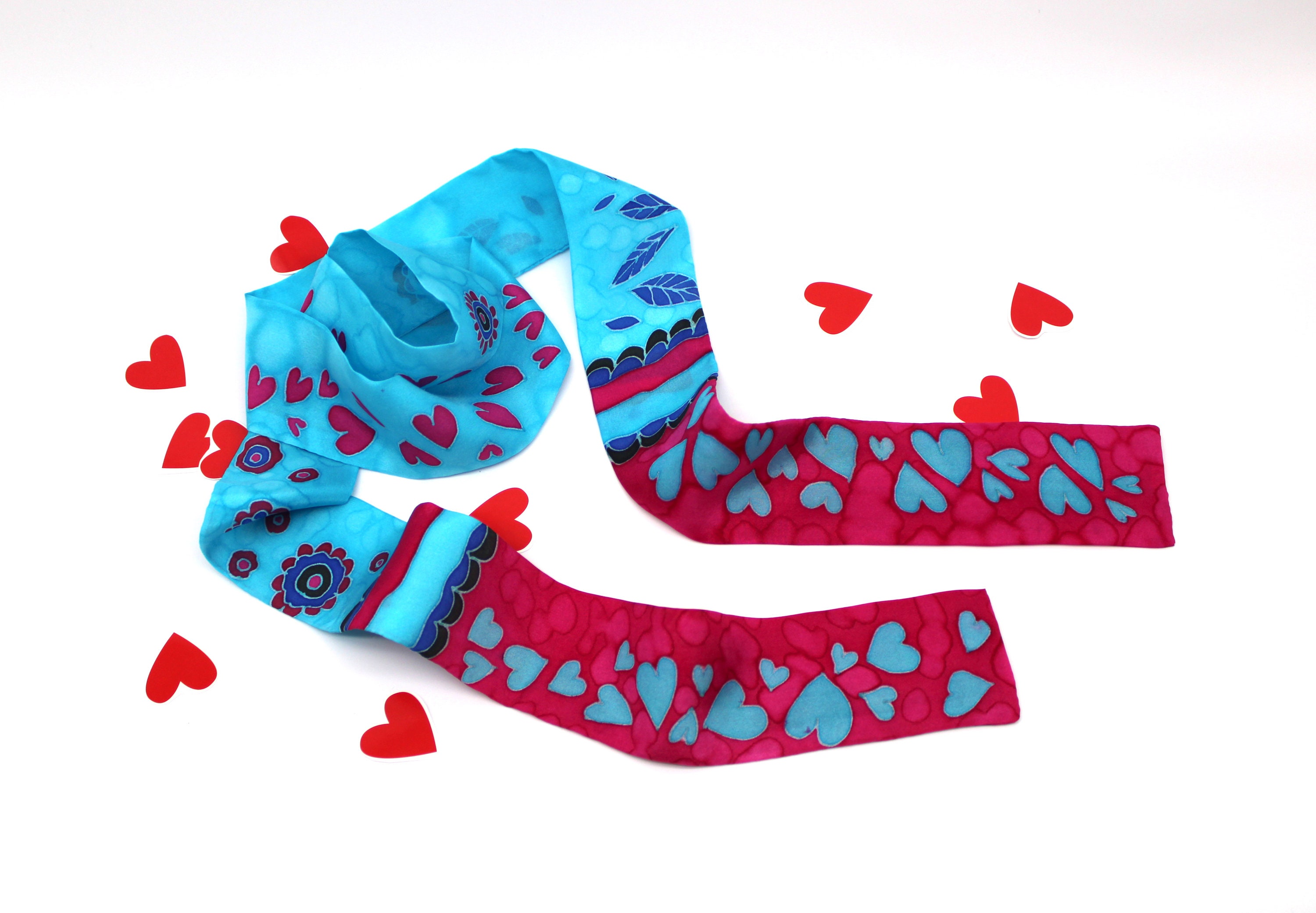 Hand painted silk scarf Hearts Skinny scarf Etsy