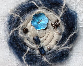 Blue and white mohair "flower" brooch