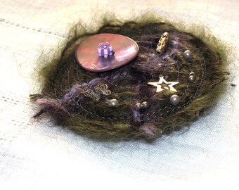 Mother of Pearl brooch in khaki and purple button mohair