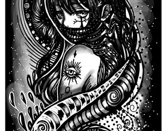 Spiral Girl Bookmark | Black White Nautical Tentacle Art