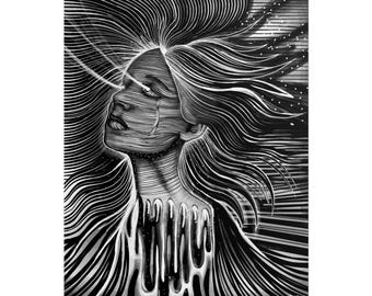 Surreal Flowing Hair Woman Rolled Poster | Black White Liquid Portrait
