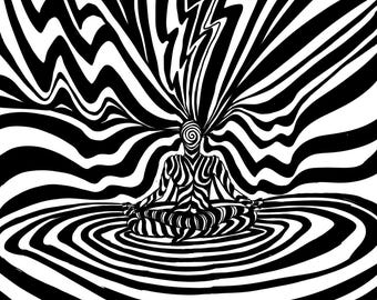 Meditative Lightning Line Art Print: Surreal Black and White Illustration (Digital Download)