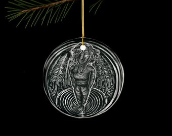 The Returning | Forest Spirit Ornament Surreal Line Art | Round Ceramic Art Object