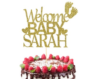 Adorno para tarta de baby shower personalizado, con purpurina dorada, "Bienvenido bebé".