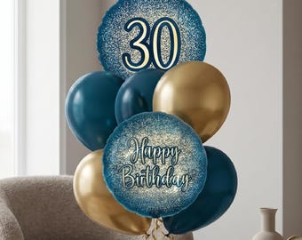 30th Birthday Balloon Set, Navy Blue and Gold Party Decoration, 16, 18, 21st, 30, 40, 50, 60, 70, 80th Birthday
