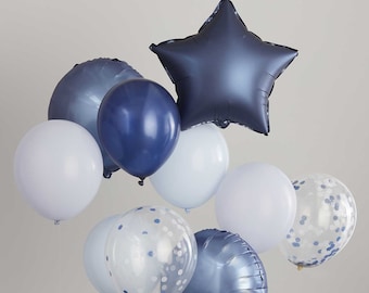 Blue, Navy and Confetti Balloon Bundle, Blue Birthday Party Decorations, Baby Shower Balloons, First Birthday, Baby Boy Party Balloon Decor