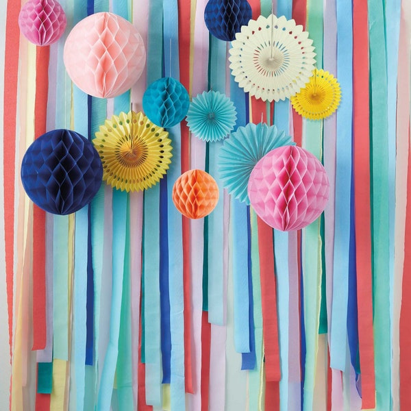 Multicoloured Streamer Backdrop with Honeycombs and Fans, Party Backdrop, Rainbow Party Decorations, Birthday, Wedding, Baby Shower Decor