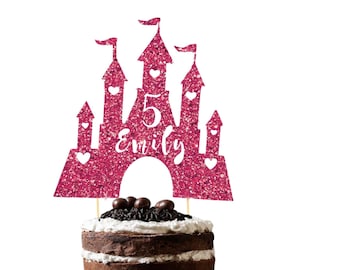 Adorno para tarta con purpurina de castillo de princesa personalizado, decoración para fiesta de cumpleaños