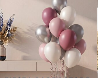 Dusk Rose, Pearl White, and Grey Balloon Bouquet, Elegant Neutral Party Decoration