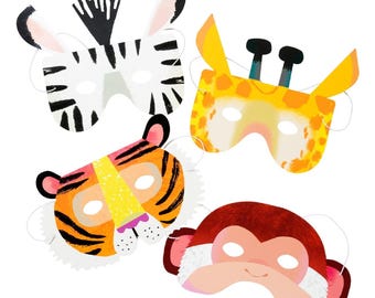 Máscaras de papel de animales de fiesta, cumpleaños de safari en la jungla, juego de 8