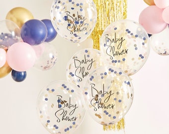 Baby Shower Confetti Balloons, 5 Navy Pink and Gold Baby Shower Confetti Balloons, Gender Reveal Confetti Balloons, Gender Reveal Decoration