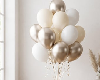 Luxe ballonnenboeket in neutrale tinten champagne goud, crème en wit - 12 stuks
