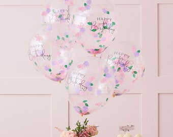 5 Floral Confetti Happy Birthday Balloons, Happy Birthday Confetti Balloons, Birthday Party Balloons, Birthday Party Decorations