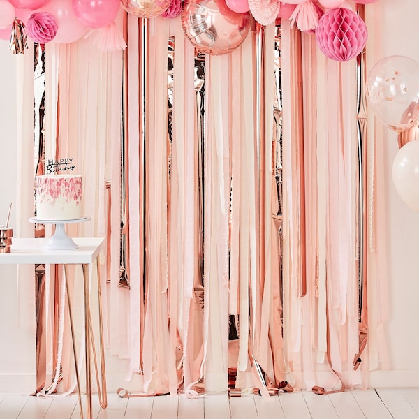 Blush Pink And Rose Gold Party Streamers Toile de fond, Décorations de mariage, Décorations douche de bébé, Toile de fond fête d’anniversaire, Hen Party Decor