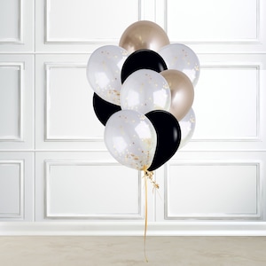10 Black, Chrome Gold and Gold Confetti Latex Balloons, Gold and Black Balloons Set, Baby Shower, Birthday Decorations, Wedding Decorations