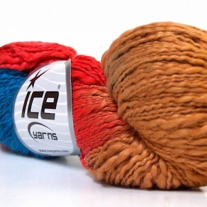 Filato di cotone tinto a mano nei colori blu fiamma, cammello e rosso, 100 gr.
