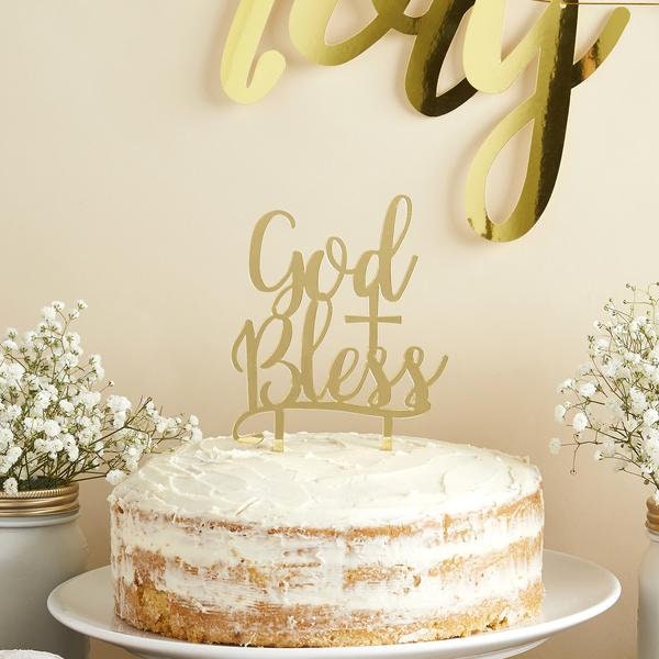 God Bless Gold Mirror Acrylic Cake Topper, Holy Communion Cake Topper, Christening Decorations, Confirmation Cake Decorations, Baptism