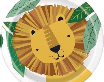Platos para fiesta de safari en la jungla: león y hojas verdes - Juego de 8