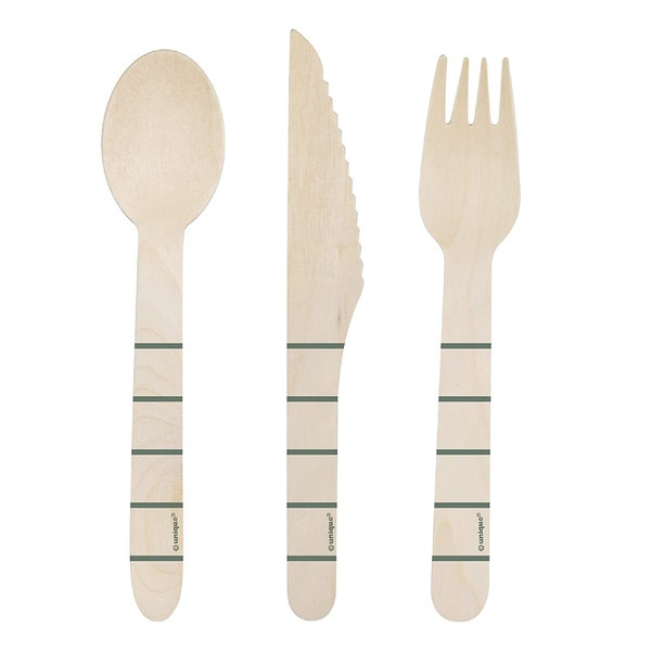 Disposable Wooden Cutlery Set for 4, Botanical Stripe Spring Party Cutlery Set, Party Buffet, Party Decoration, Wooden Recyclable Cutlery