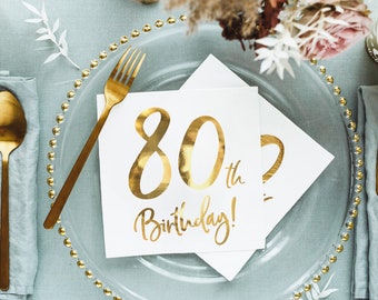 Servilletas clásicas doradas y blancas para celebrar el 80 cumpleaños de una gran familia (20 unidades)