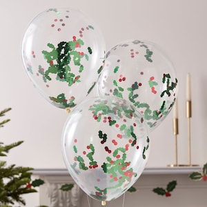 5 Christmas Confetti Balloons, Holly and Berries Confetti Balloons, Christmas Decorations, Festive Balloons, Christmas Party Decorations