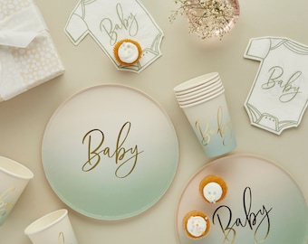 Decoraciones botánicas verde salvia para baby shower, artículos de fiesta neutros