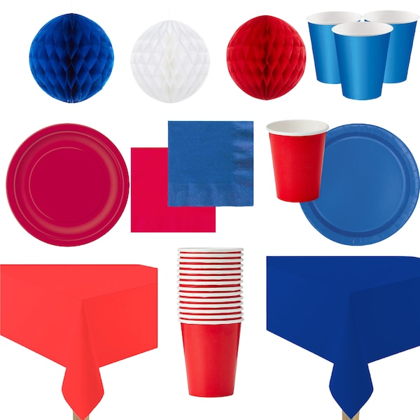 Red and Royal Blue Party Tableware, Party Napkins, Plates, British Street Party, Union Jack Tableware, Super Hero Party Supply