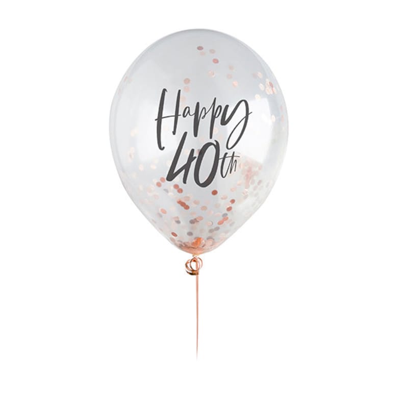 May include: A clear balloon filled with rose gold confetti and the words "Happy 40th" in black script. The balloon is attached to a rose gold stick, perfect for a birthday celebration.