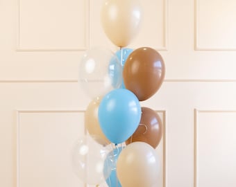 Könnte beinhalten: Ein Strauß Ballons in Braun-, Blau- und Klar-Tönen. Die Ballons sind in einer Gruppe angeordnet, wobei die braunen Ballons oben und die blauen Ballons unten sind.